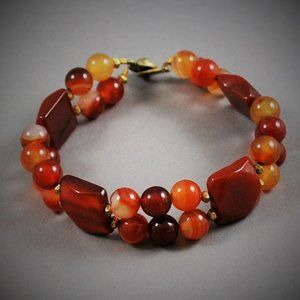 Vintage Thermoset Plastic Amber Brown Cream Beaded Bracelet Button Style Clasp